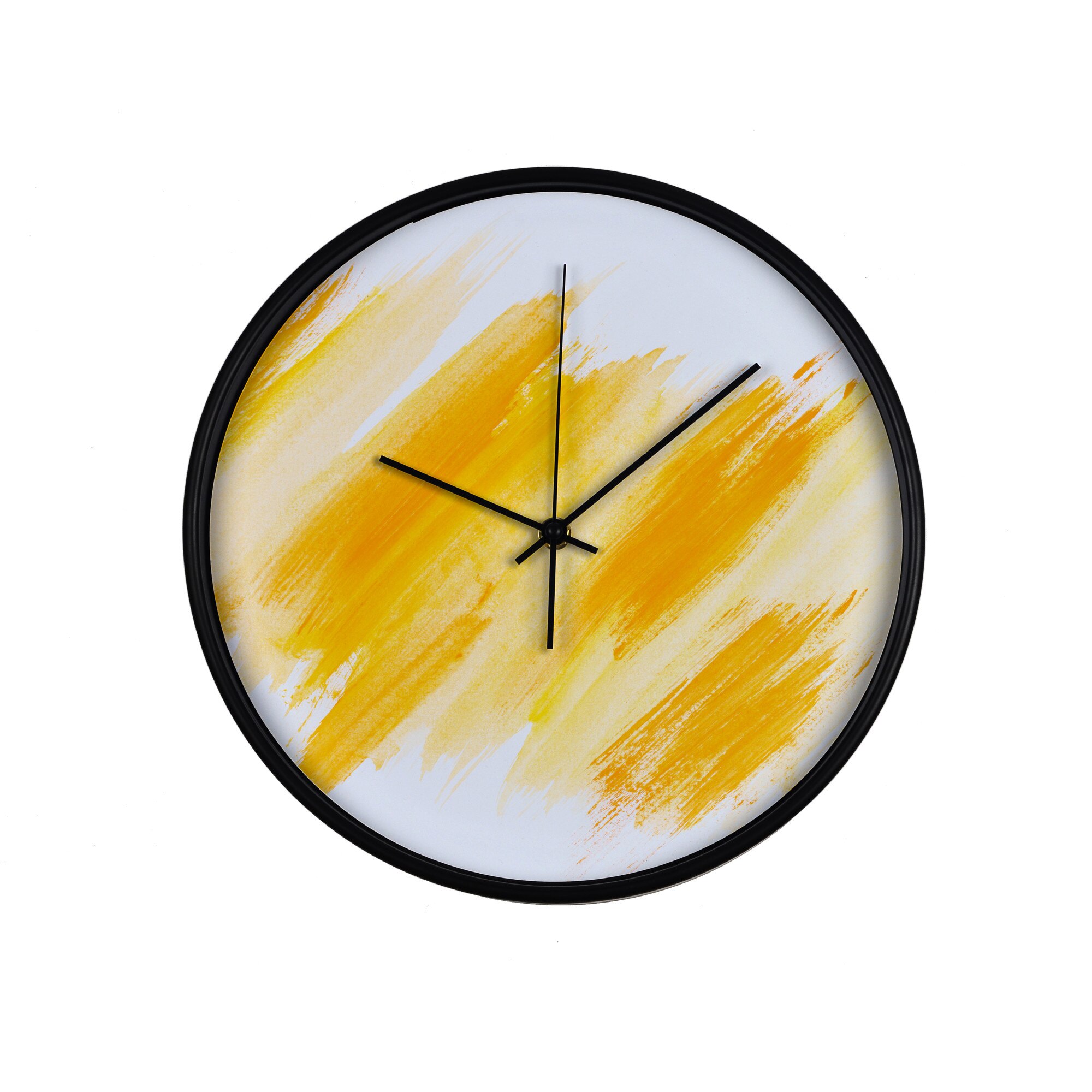 Ceas perete, produs DekoStore, pentru birou, living sau showroom, cu mecanism silentios, Urme portocalii de pensula, diametru 30 cm, rama neagra din plastic