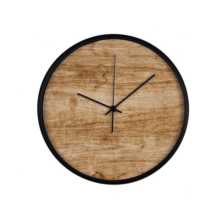 Ceas perete, produs DekoStore, pentru birou, living sau showroom, cu mecanism silentios, print imitatie lemn, diametru 30 cm, rama neagra din plastic