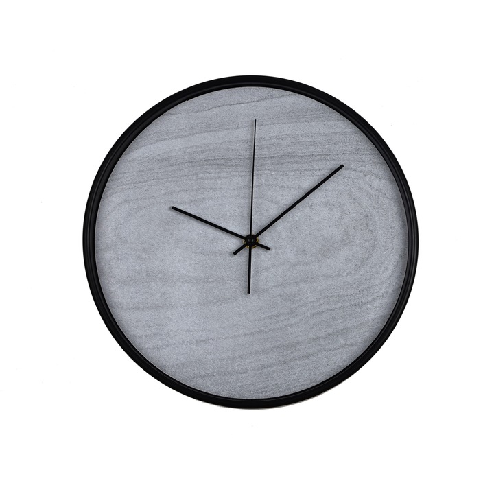 Ceas perete, produs DekoStore, pentru birou, living sau showroom, cu mecanism silentios, Valuri de nisip alb/negru, diametru 30 cm, rama neagra din plastic