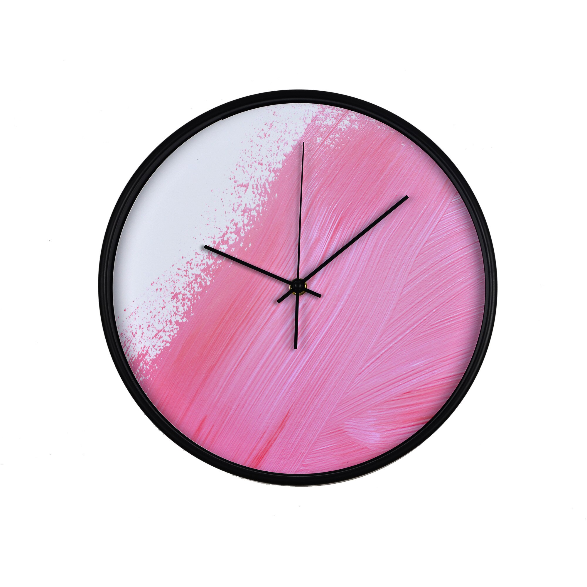 Ceas perete, produs DekoStore, pentru birou, living sau showroom, cu mecanism silentios, Urme roz de pensula, diametru 30 cm, rama neagra din plastic