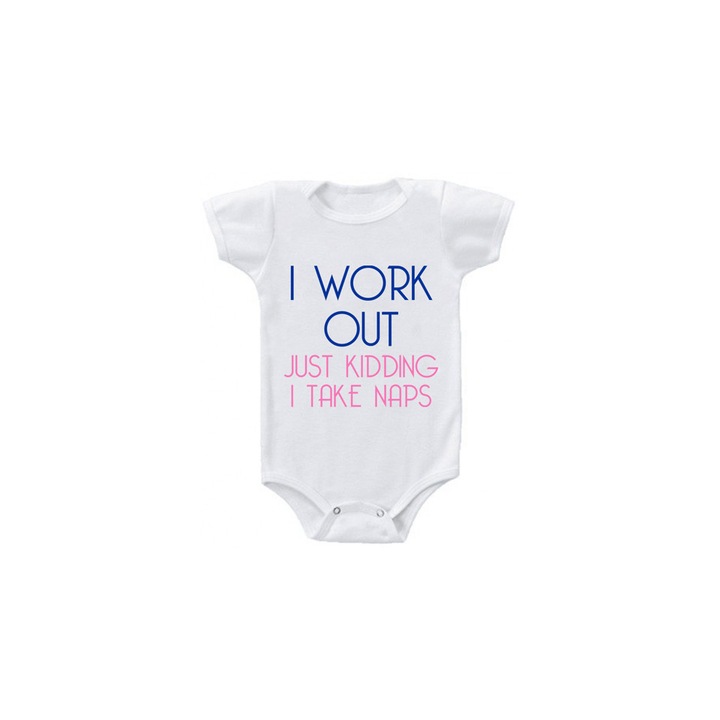 Body bebelus "I work out", 0-2 luni, alb