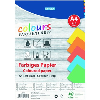 Set 40 coli hartie colorata Stylex-A4, 5 culori Set 40 coli hartie colorata Stylex-A4, 5 culori