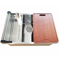 set chiuveta bucatarie inox cookingaid hera standard cu 4 accesorii scurgator vase  gratar inox  dozator sapun  tocator lemn sapele 640mm x 440 mm adancime cuva 254mm montare pe blat sau sub blat finisaj satinat imagen 16_0_
0