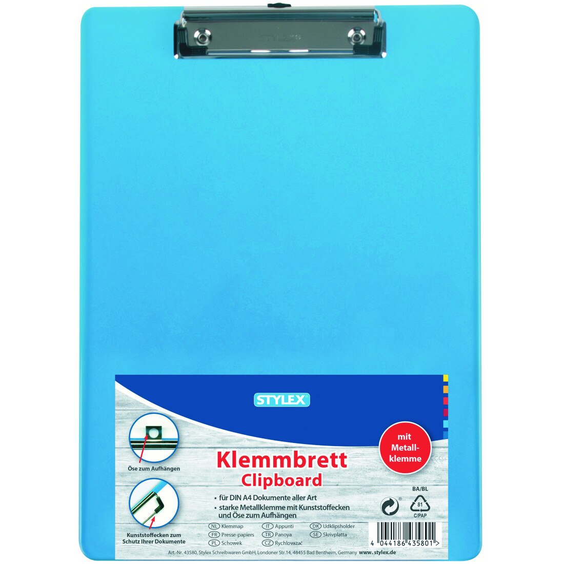 Clipboard simplu din plastic A4 Stylex-transparent albastru