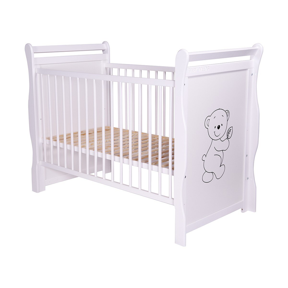Patut din lemn BabyNeeds Jas, 120x60 cm, Ursulet, Alb