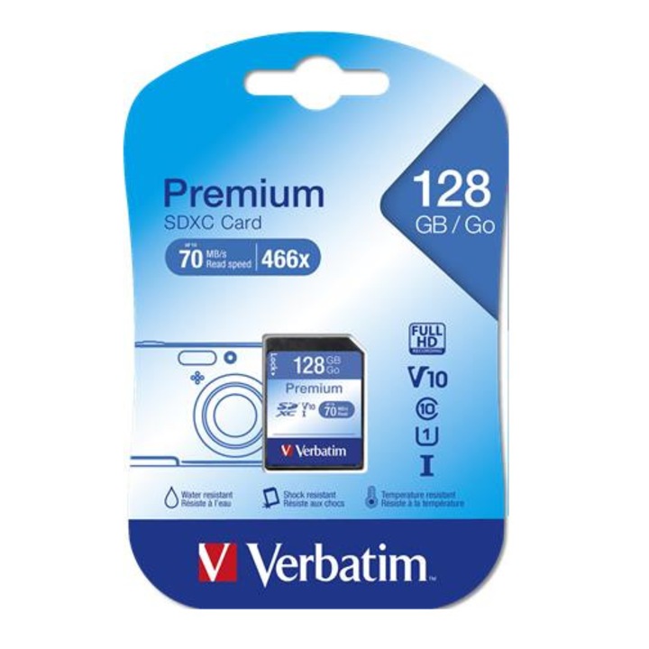 Карта памет, Verbatim, SDXC, 128 GB, C10/U1, 45/10 MB/s, VERBATIM, Premium, Син