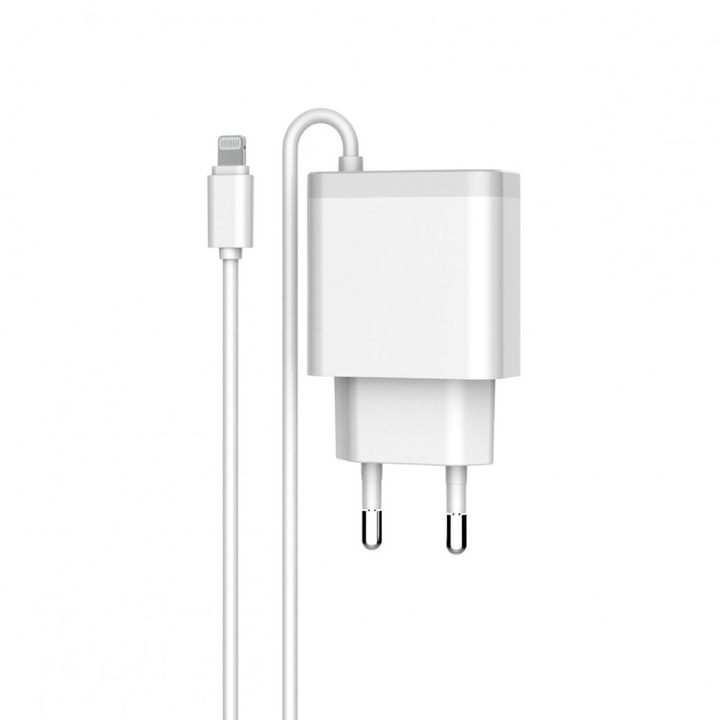 Мрежово зарядно устройство LDNIO A321, 5V 3.1A, 2 x USB, С кабел за iPhone 5/6/7SE, Бял
