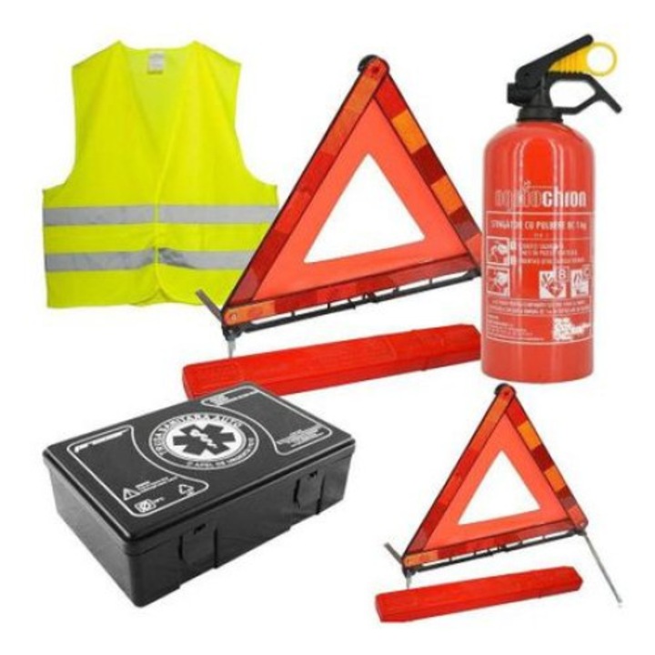 Комплект за безопасност Leo Аптечка за кола, 2 триъгълника, пожарогасител, жилетка