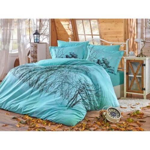 Lenjerie de pat bumbac Hobby MARGHERITA TURQOAZ, pentru 2 persoane, lenjerie pat dublu, 4 piese, 200x220 / 50x70, 100% bumbac
