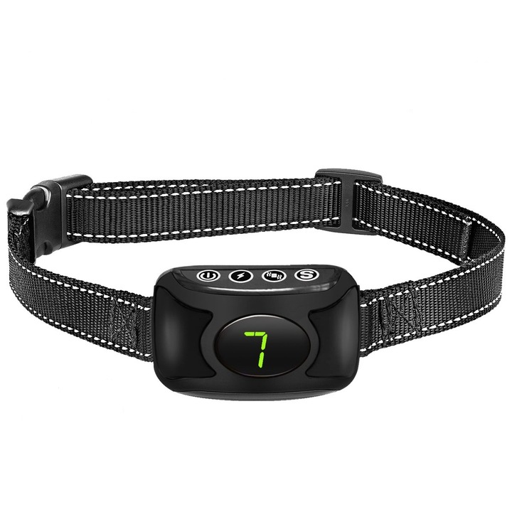 Автоматична яка против лай, регулируема, акумулаторна, електрическа, 3 функции (звук, вибрации, импулси), 4 нива, водо- и прахоустойчива, светлоотразителна лента, матово черно