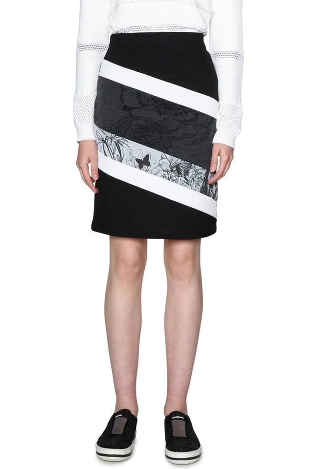 Fusta dama, Desigual, cu imprimeu floral, Mariona, Negru