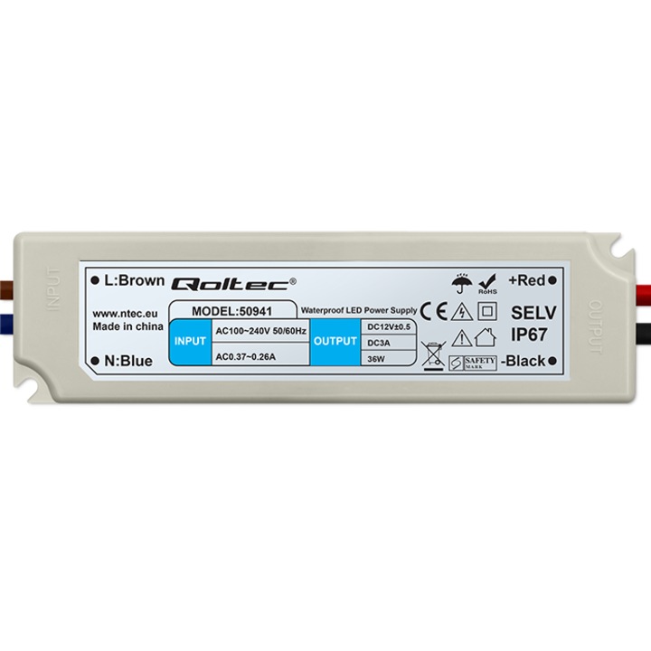 Sursa alimentare Qoltec Impulse, IP67, 100V-240V, 36W, 12V, 3A