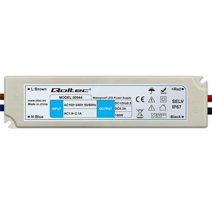 Sursa de Alimentare LED Qoltec 100W, 12V, 8.3A, IP67 Alimentare Fiabila si Sigura pentru Benzi LED, Module LED, Iluminat Interior si Exterior Protectie la Supratensiune, Scurtcircuit, Supraincalzire Ideal pentru Casa si Birou