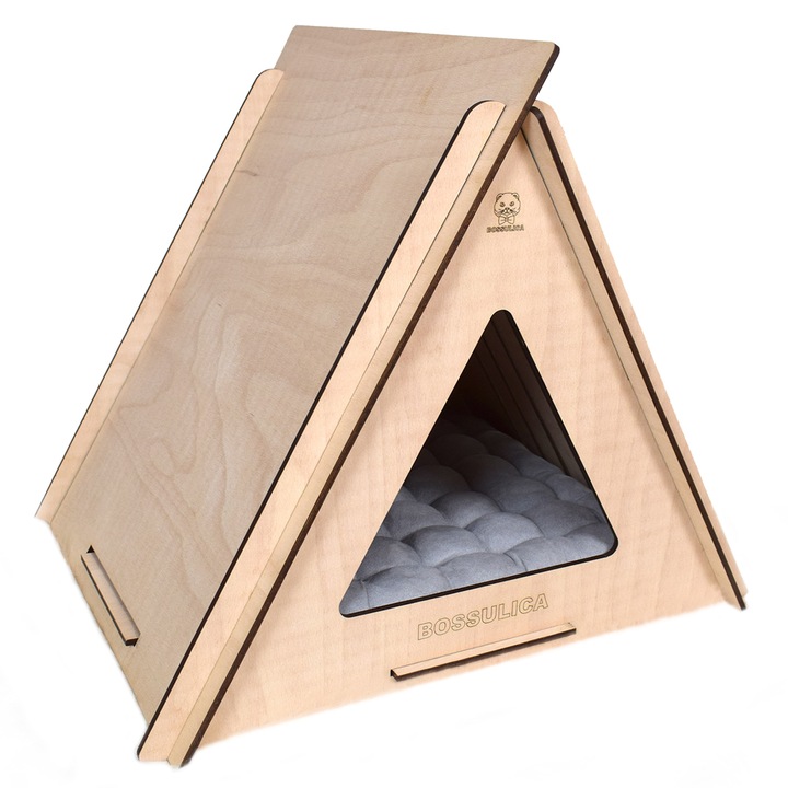 Casuta culcus cabana din lemn pentru pisici, Bossulica, personalizata cu numele animalutului tau, 57x45x49cm