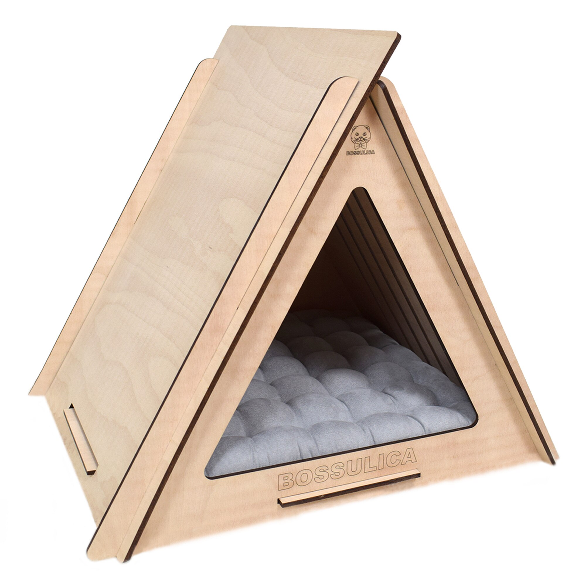 Casuta culcus cabana din lemn pentru caini, Bossulica, personalizata cu numele animalutului tau, 57x45x49cm