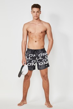 O'Neill, Pantaloni scurti de baie cu aspect stratificat si imprimeu logo, Negru/Alb O'Neill, Pantaloni scurti de baie cu aspect stratificat si imprimeu logo, Negru/Alb