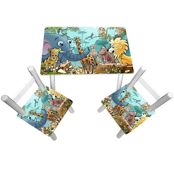 Masuta copii cu 2 scaunele Jungle Animals, MDF si lemn