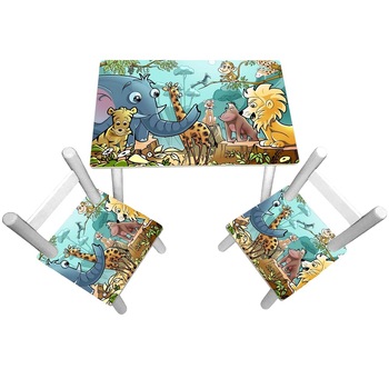 Masuta copii cu 2 scaunele Jungle Animals, MDF si lemn Masuta copii cu 2 scaunele Jungle Animals, MDF si lemn