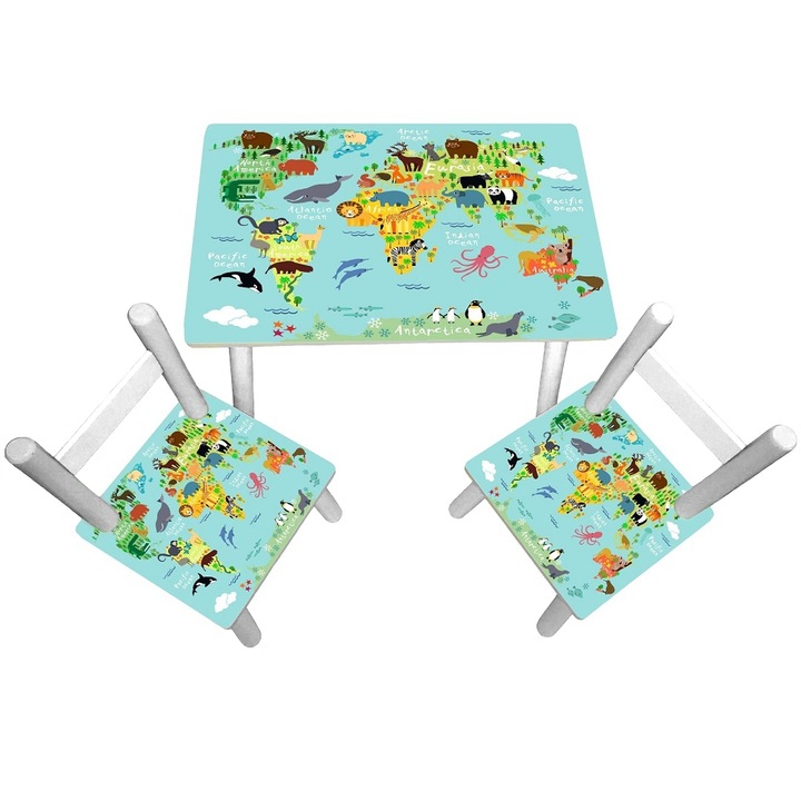 Masuta copii cu 2 scaunele Harta Animalelor pe Glob, MDF si lemn