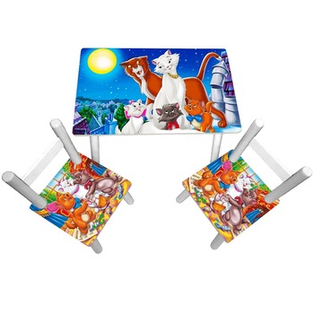 Masuta copii cu 2 scaunele Pisicile Aristocrate, MDF si lemn Masuta copii cu 2 scaunele Pisicile Aristocrate, MDF si lemn