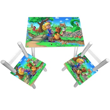 Masuta copii cu 2 scaunele Goldie si Ursulet, MDF si lemn Masuta copii cu 2 scaunele Goldie si Ursulet, MDF si lemn