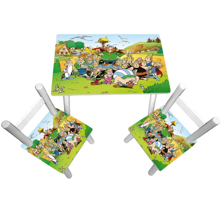 Masuta copii cu 2 scaunele Asterix si Obelix, MDF si lemn