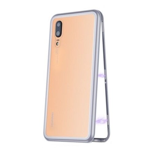 Husa Huawei P20 - Cadru metalic cu magneti de prindere, spate din sticla securizata, argintie
