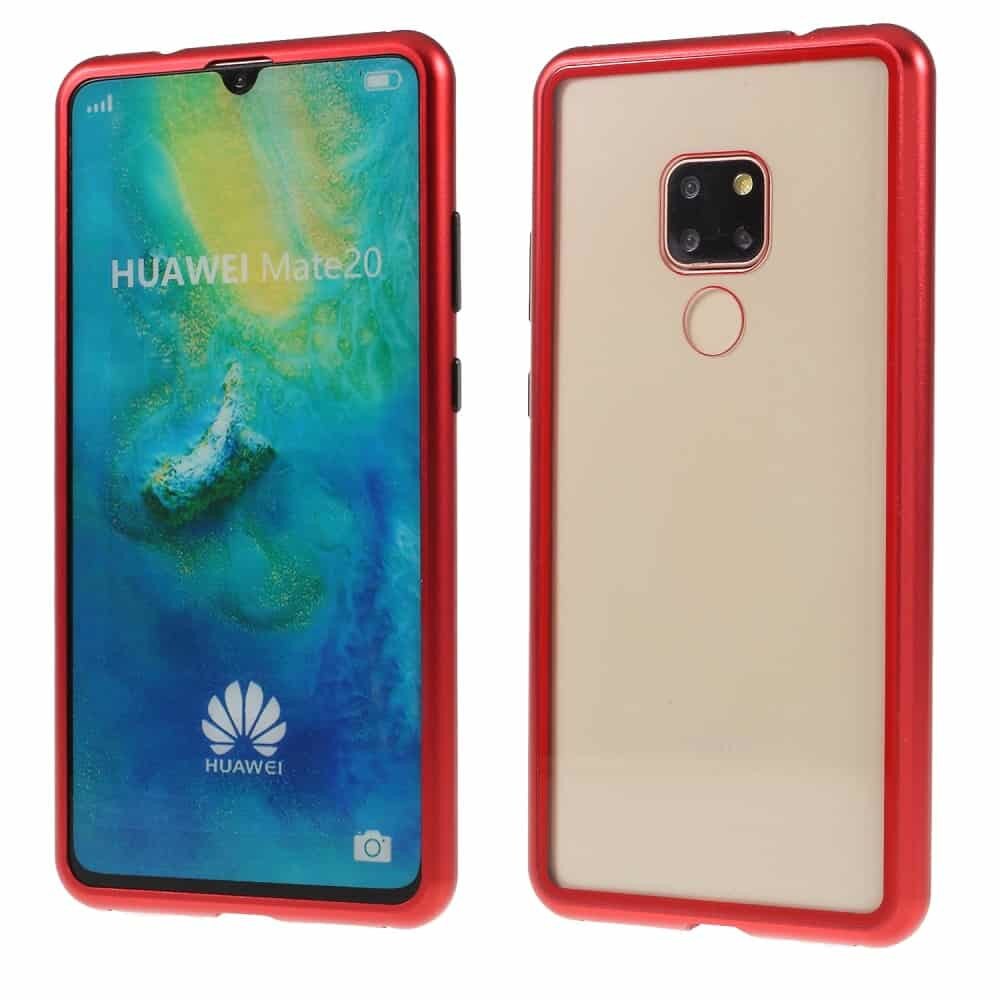 Husa Huawei Mate 20 - Cadru metalic cu magneti de prindere, spate din sticla securizata, rosie