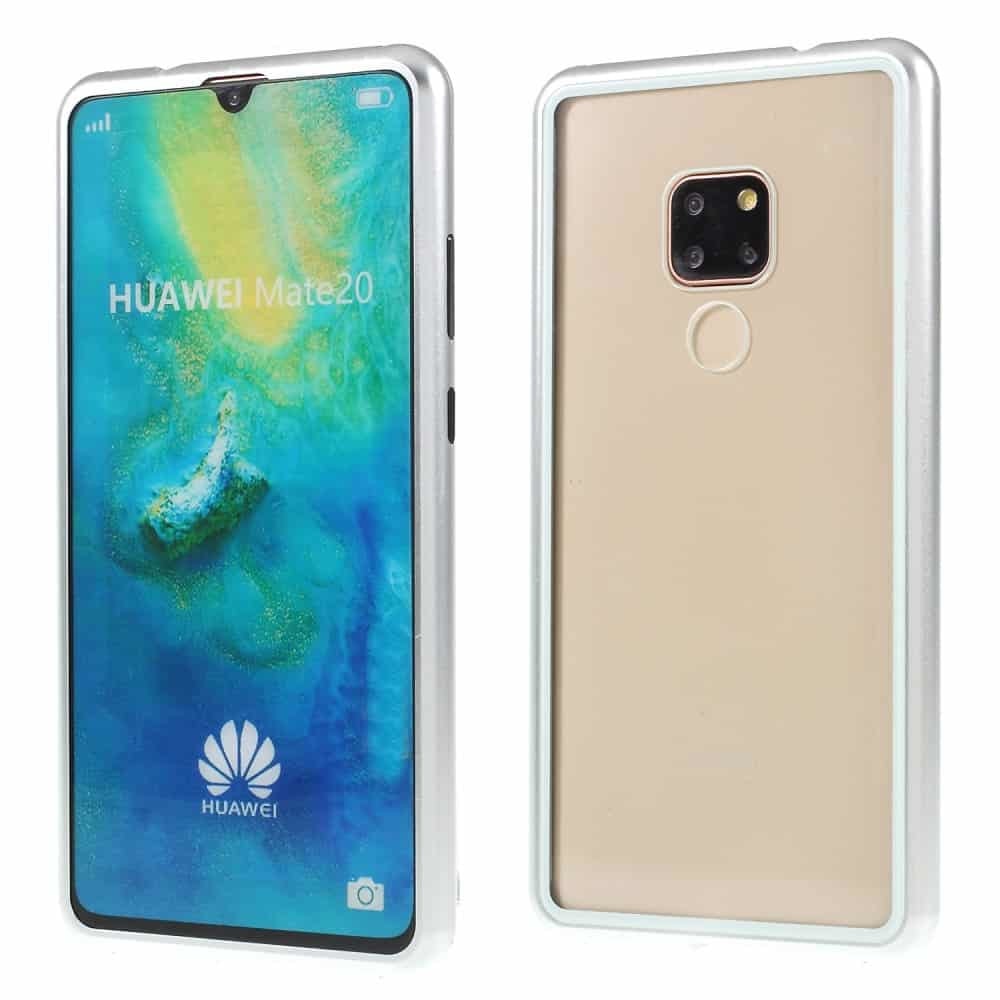 Husa Huawei Mate 20 - Cadru metalic cu magneti de prindere, spate din sticla securizata, argintie