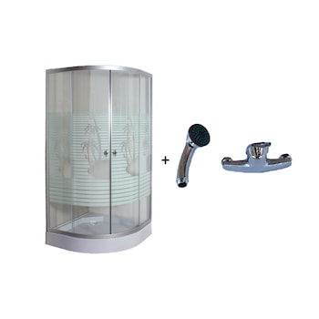 Cabina dus 80 x 80 x 195 cm cu cadita semirotund, geam palmier, Baterie de dus + Set de dus Cabina dus 80 x 80 x 195 cm cu cadita semirotund, geam palmier, Baterie de dus + Set de dus