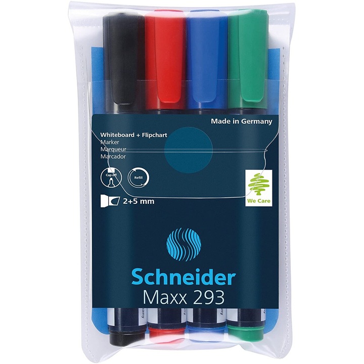 Маркер Schneider Maxx 293, за дъска за писане + флипчарт, 2-5 мм тел, 4 бр. в комплект - (n, r, a, v)
