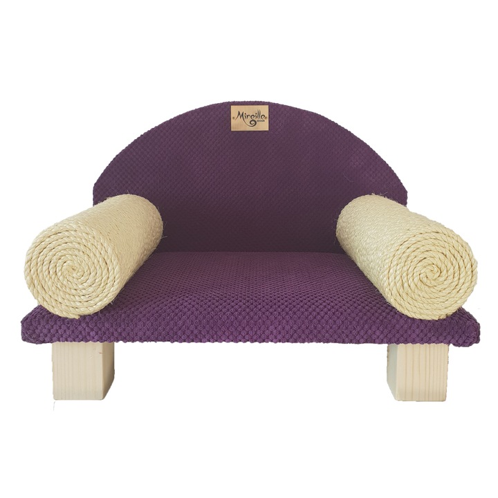 Canapea pisici, Mireille Design, 30 x 50 x 36 cm, Mov, brate cu sisal natural