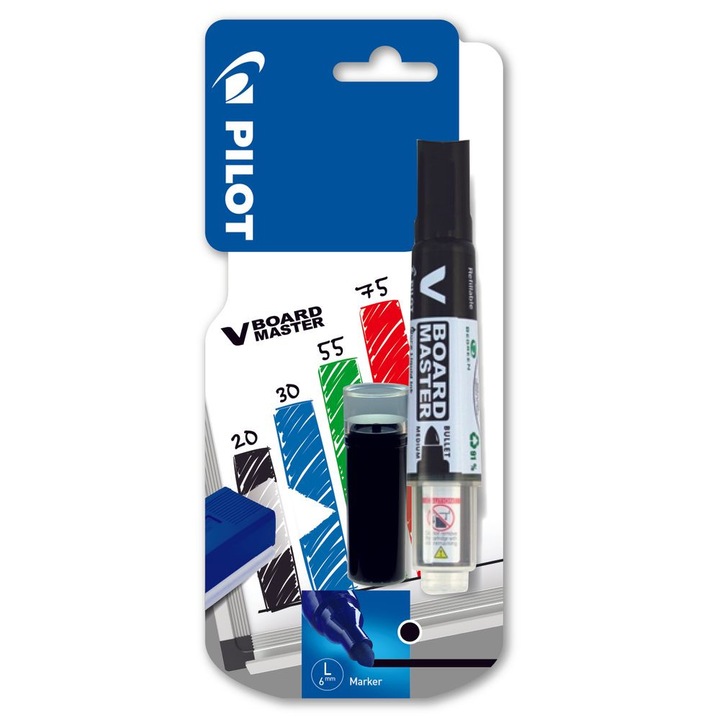 Marker pentru tabla Pilot Vboard Master, varf rotund, 2.3 mm plus rezerva, negru