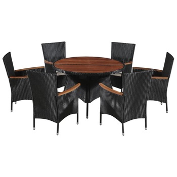 Set mobilier de gradina, cu masa si 6 scaune, vidaXL, Poliratan si lemn masiv de acacia, Negru, 115 x 74 cm Set mobilier de gradina, cu masa si 6 scaune, vidaXL, Poliratan si lemn masiv de acacia, Negru, 115 x 74 cm