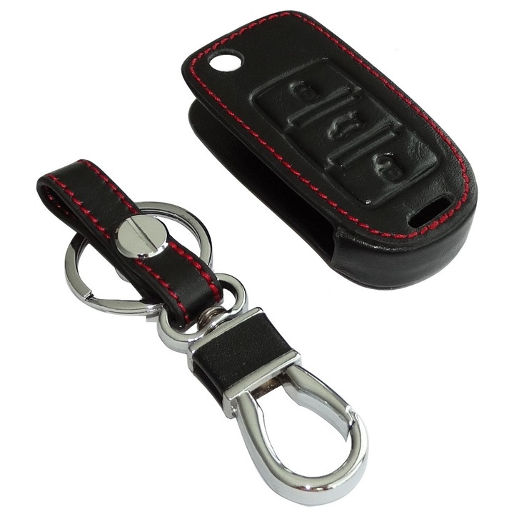 Husa pentru cheie auto cu breloc, negru din piele sintetica cu fir rosu, compatibil Volkswagen Beetle, Bora, Golf, Jetta, Passat, Polo, Scirocco, Tiguan, Touareg, Touran, Up