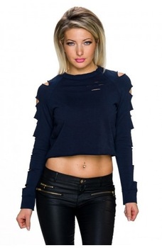 Bluza cropped cu taieturi decorative, LarisFashion, Albastru inchis, One Size Bluza cropped cu taieturi decorative, LarisFashion, Albastru inchis, One Size