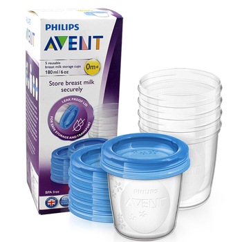 Recipient pentru depozitarea laptelui matern Philips Avent SCF619/05, 180 ml, 5 buc, de la nastere, fara BPA Recipient pentru depozitarea laptelui matern Philips Avent SCF619/05, 180 ml, 5 buc, de la nastere, fara BPA