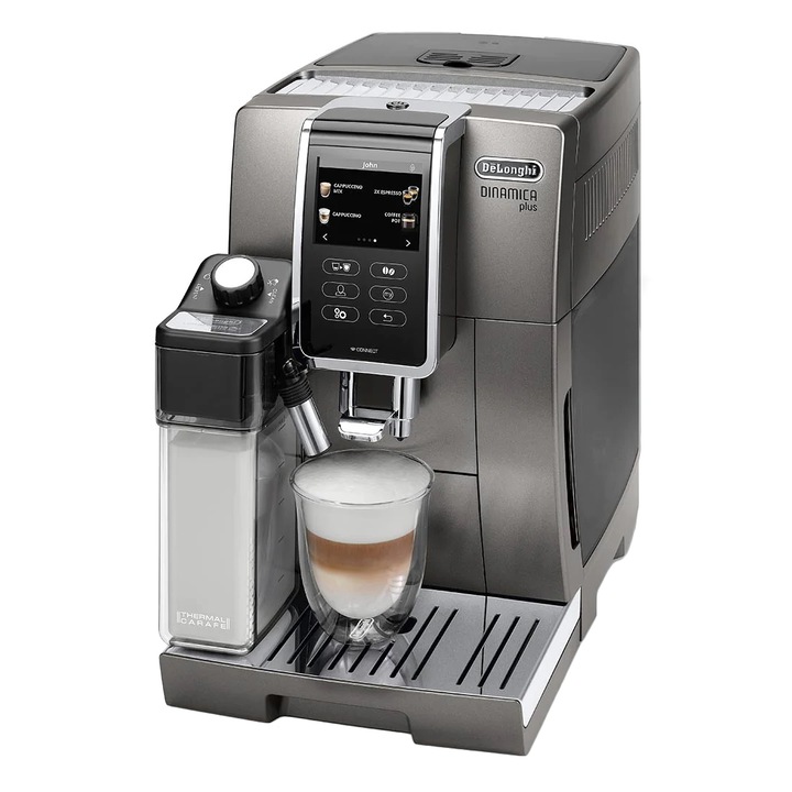 DeLonghi ECAM 370.95.T Dinamica plus eszpresszó kávéfőző, 1450W, 19 bar, 1.8 literes víztartály, 13 őrlőbeállítás, 14 italrecept, Szürke