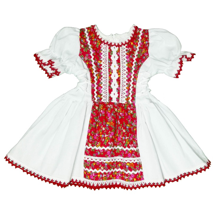 Рустикална рокля за момиче 6-12 месеца, 100% памук, бяло/червено с пуканки и червена дантела