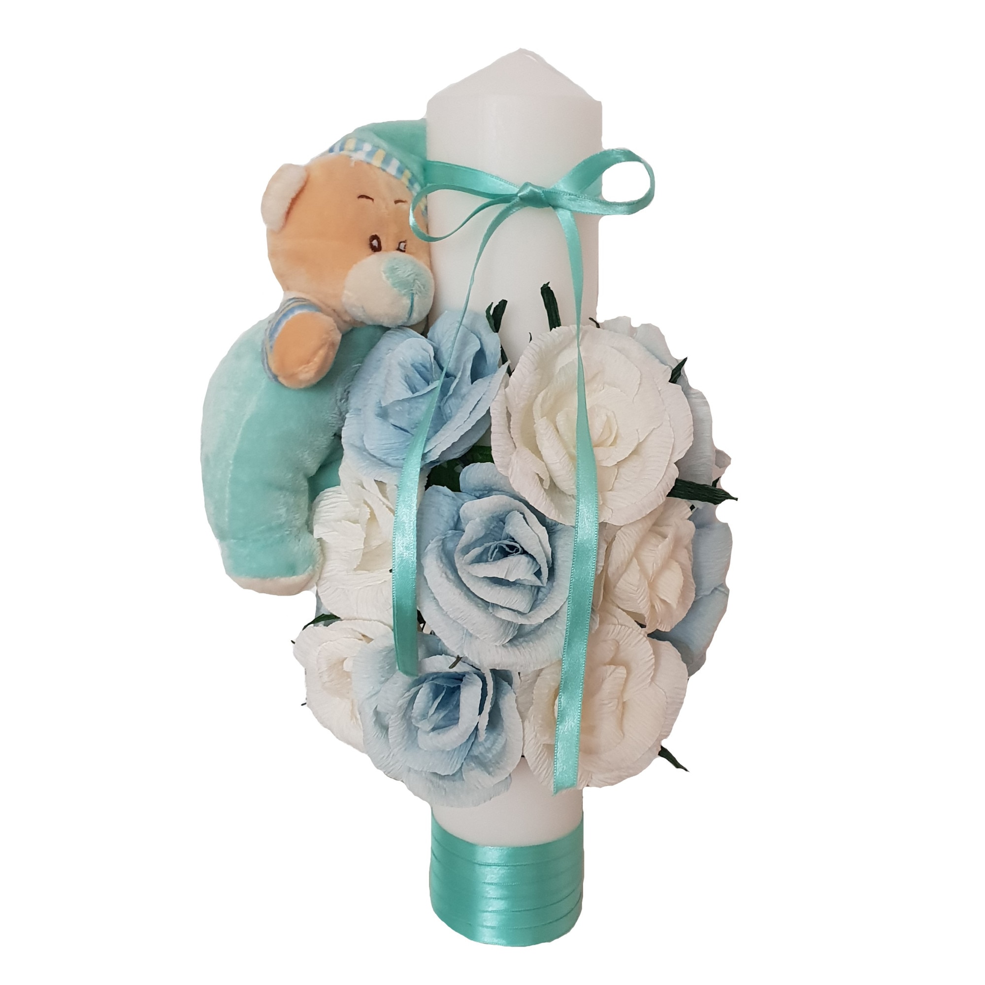 Lumanare de botez Handmade Minis Boutique, alb-bleu cu ursulet somnoros si panglica