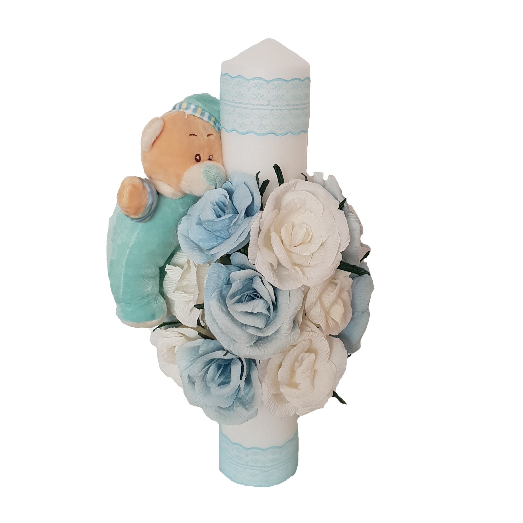 Lumanare de botez Handmade Minis Boutique, alb-bleu, cu ursulet somnoros si dantela