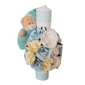 Lumanare de botez Handmade Minis Boutique, cu ursulet somnros si flori handmade Lumanare de botez Handmade Minis Boutique, cu ursulet somnros si flori handmade