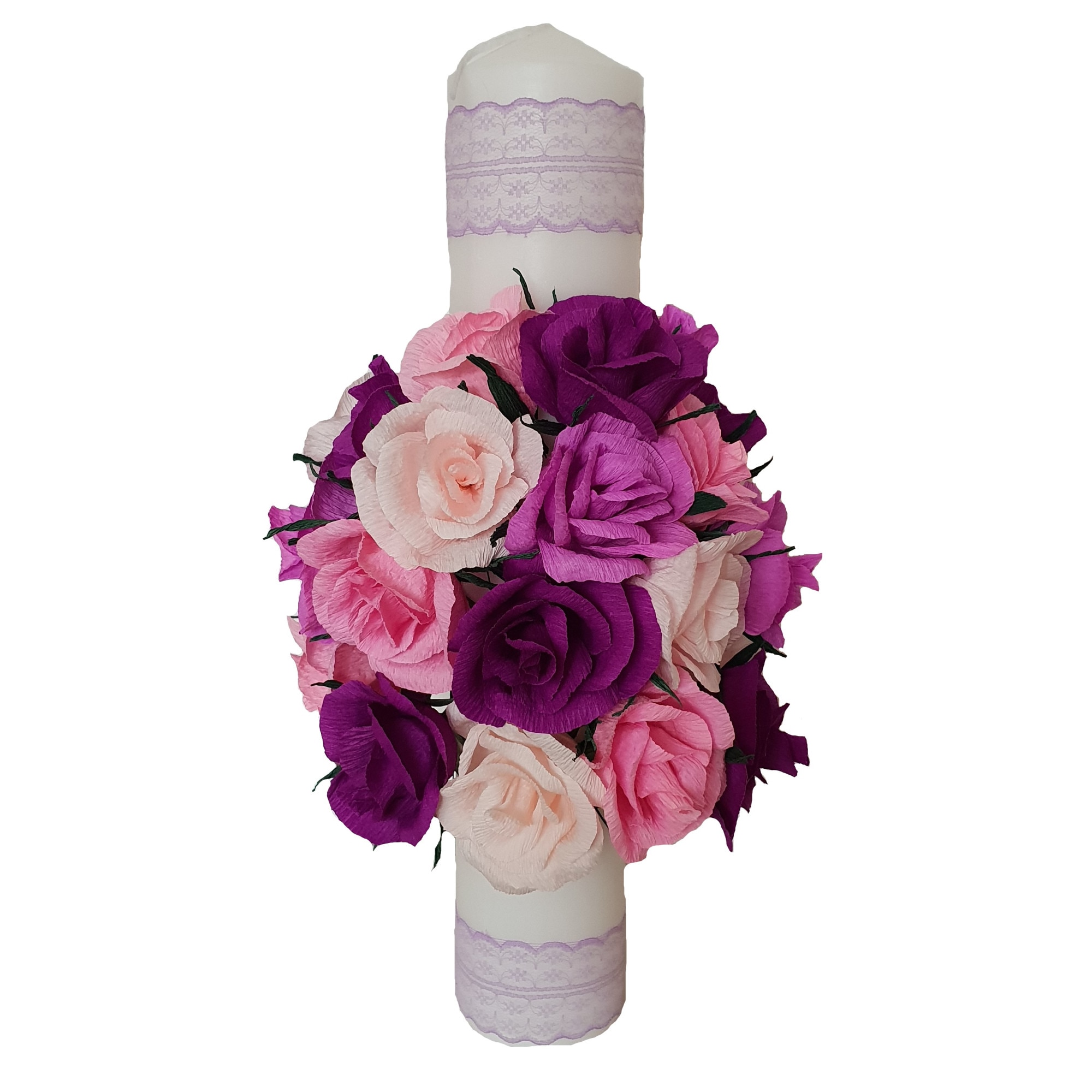 Lumanare de botez/nunta Handmade MInis Boutique, cu trandafiri mov si roz si dantela