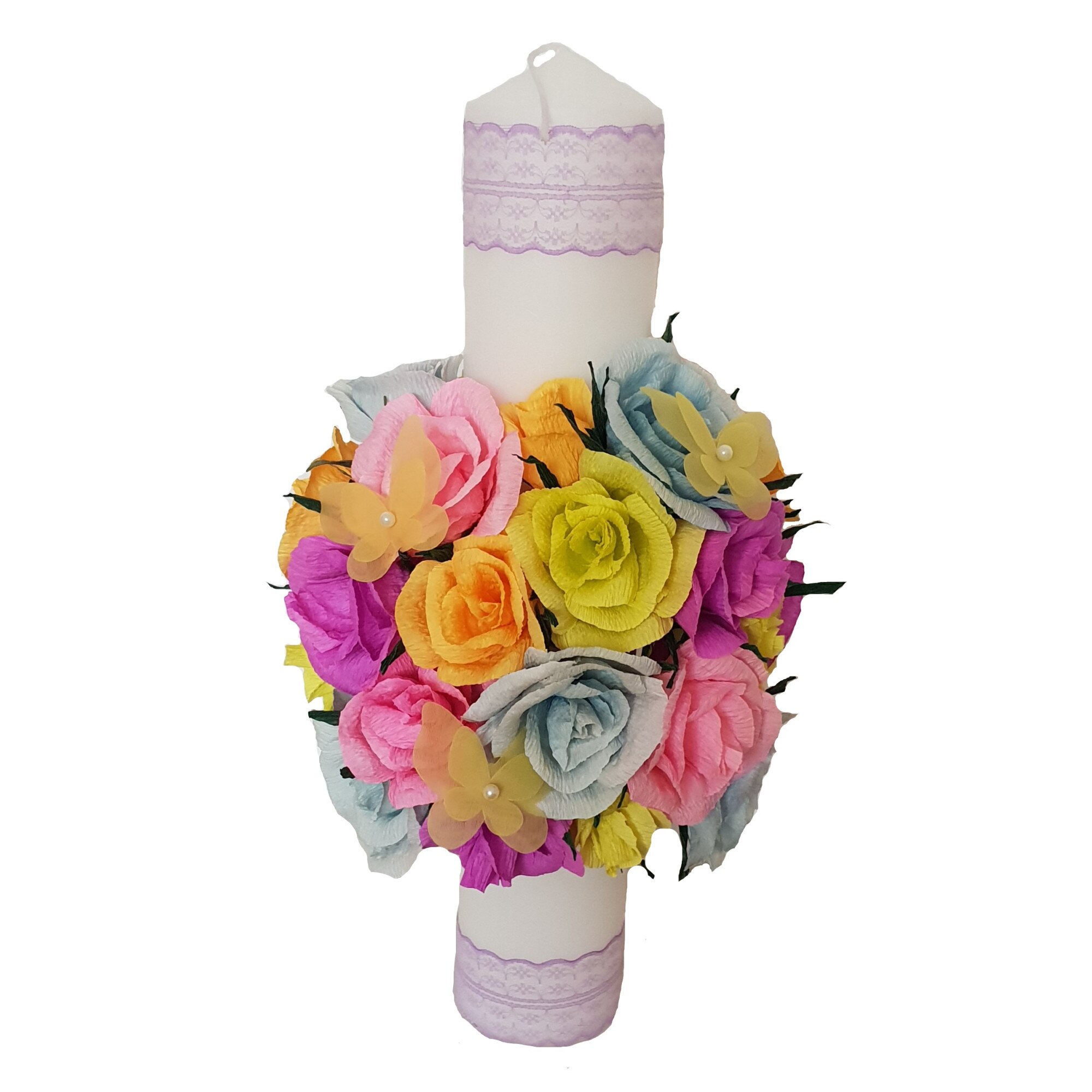 Lumanare botez/nunta Handmade Minis Boutique, cu trandafiri roz, mov, vernil, portocaliisi bleu si fluturasi