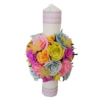 Lumanare botez/nunta Handmade Minis Boutique, cu trandafiri roz, mov, vernil, portocaliisi bleu si fluturasi Lumanare botez/nunta Handmade Minis Boutique, cu trandafiri roz, mov, vernil, portocaliisi bleu si fluturasi