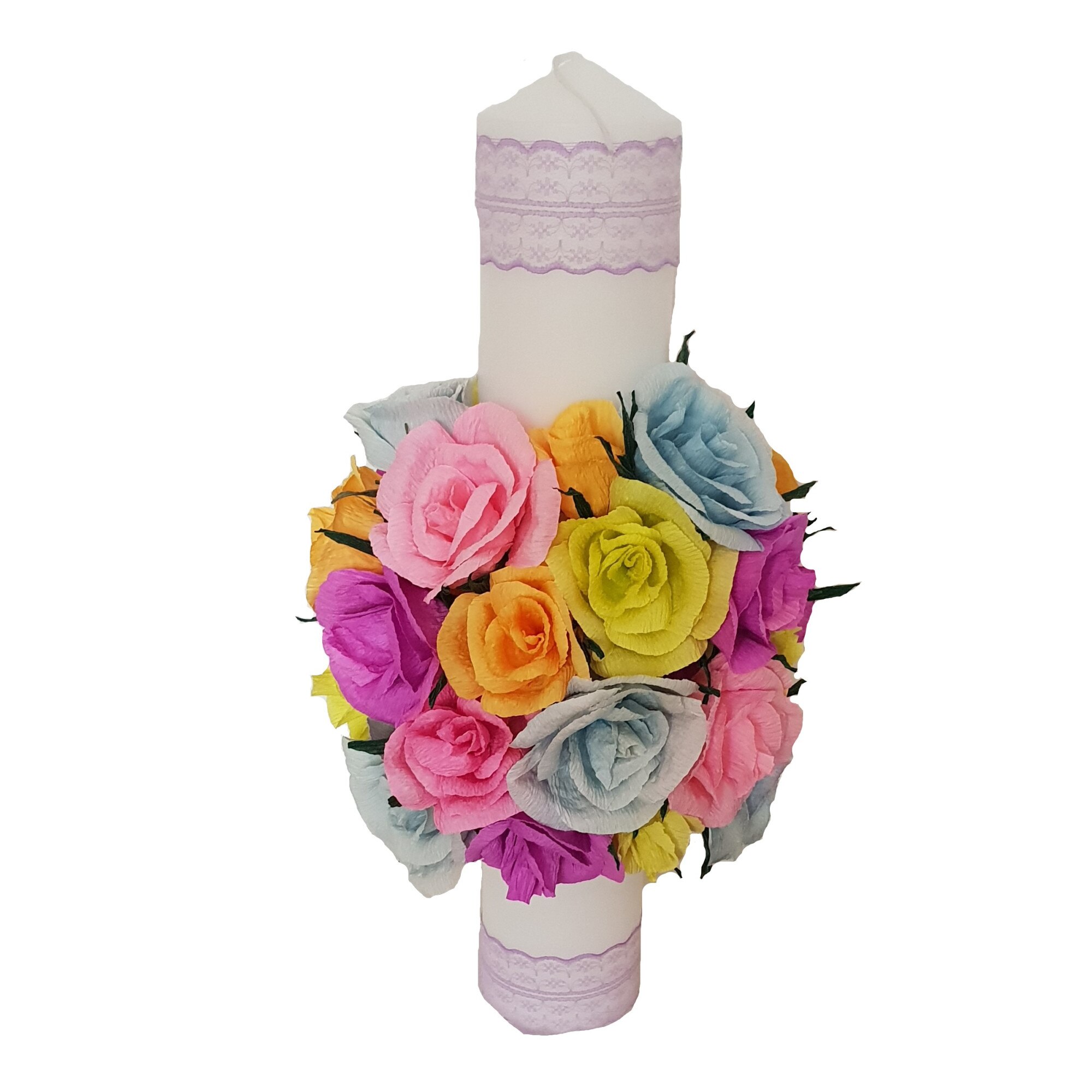 Lumanare de botez/nunta Handmade MInis Boutique, cu trandafiri roz, mov, bleu, vernil si portocalii