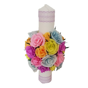 Lumanare de botez/nunta Handmade MInis Boutique, cu trandafiri roz, mov, bleu, vernil si portocalii Lumanare de botez/nunta Handmade MInis Boutique, cu trandafiri roz, mov, bleu, vernil si portocalii