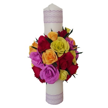 Lumanare botez/nunta Handmade Minis Boutique, cu trandafiri rosii, vernil, mov deschis si portocalii Lumanare botez/nunta Handmade Minis Boutique, cu trandafiri rosii, vernil, mov deschis si portocalii