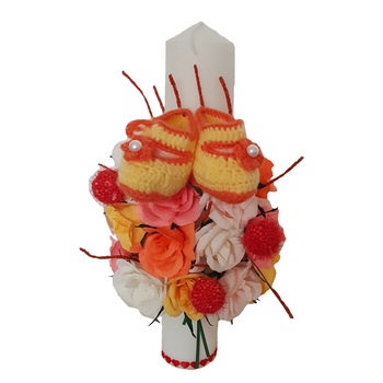 Lumanare de botez Handmade Minis Boutique, alb, roz si portocaliu si botosei Lumanare de botez Handmade Minis Boutique, alb, roz si portocaliu si botosei