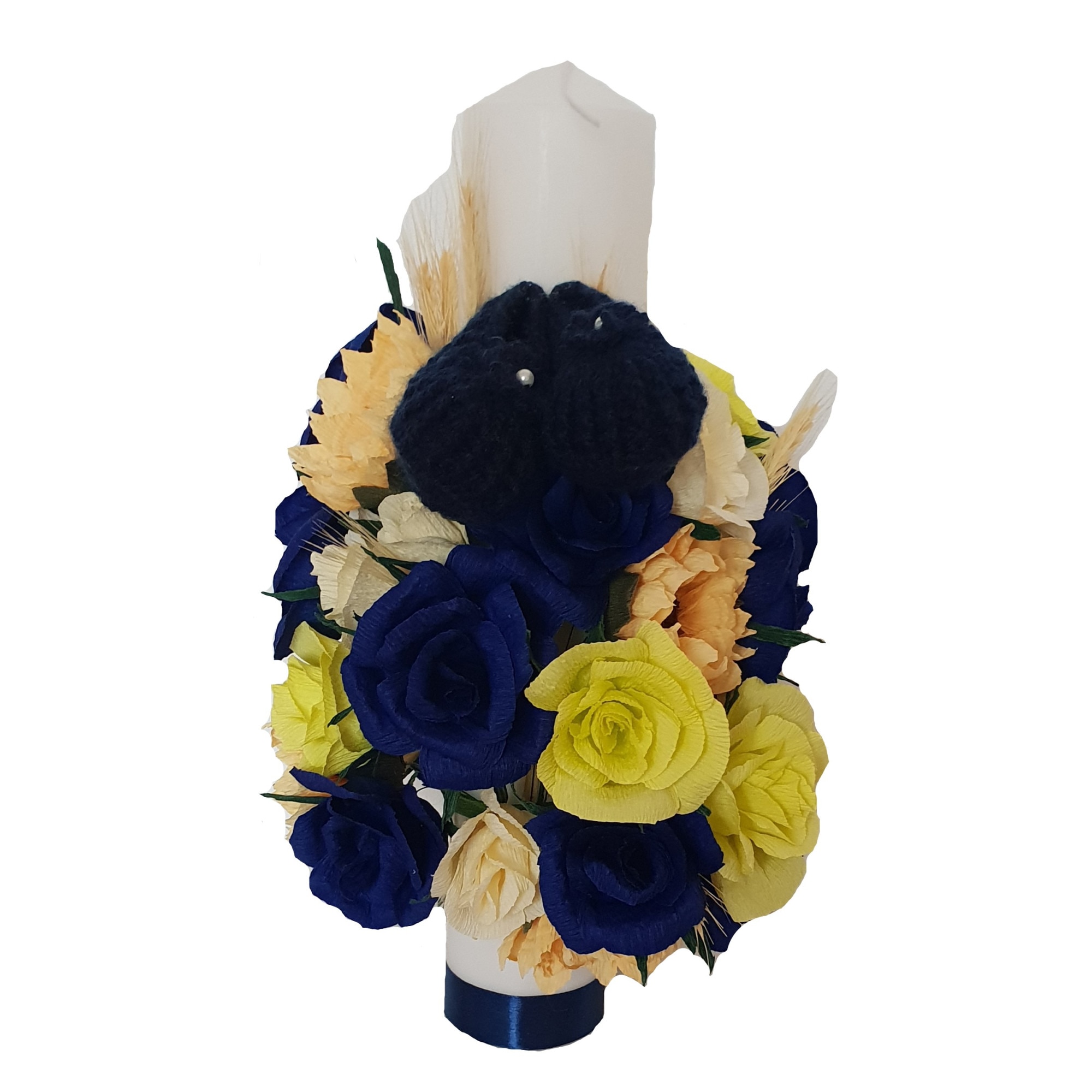 Lumanare de botez Handmade Minis Boutique, cu trandafiri bleumarin, galben pai si vernil, floarea soarelui, spice si botosei